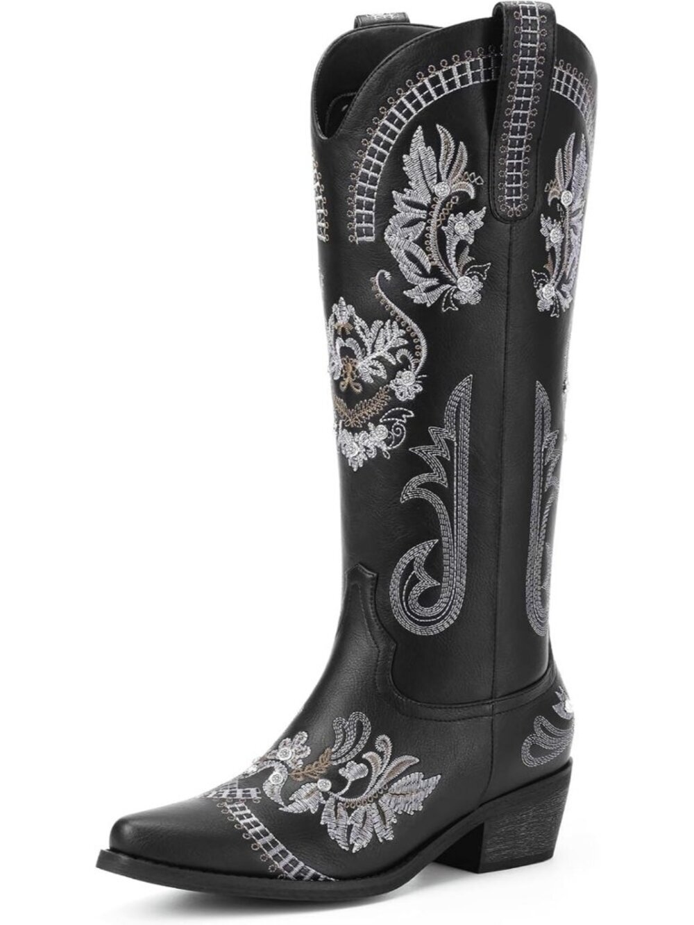 Women's Wide Calf Knee High Sparkly Rhinestone Black Western Boots Pull On Boots